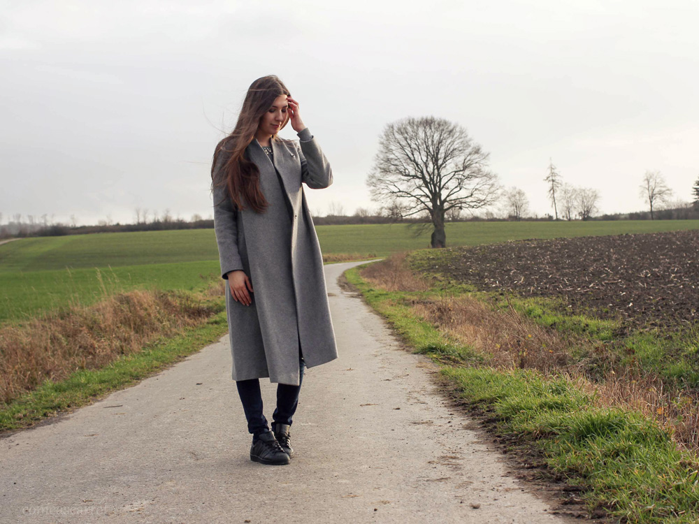 outfit, adidas superstar, black, asos, grey, midi, coat, adidas originals