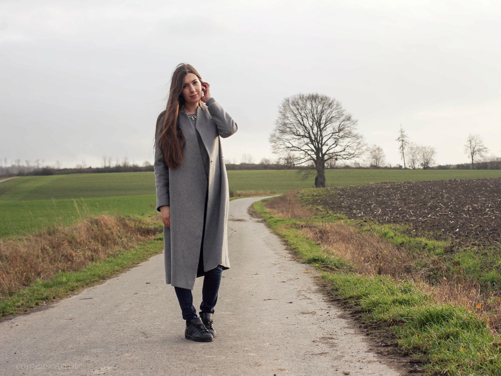 outfit, adidas superstar, black, asos, grey, midi, coat, adidas originals