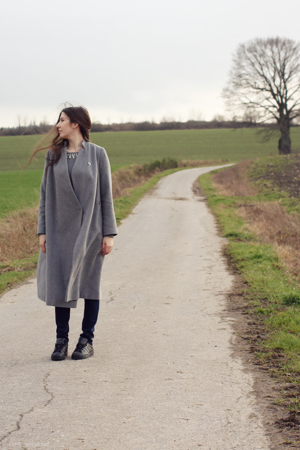 outfit, adidas superstar, black, asos, grey, midi, coat, adidas originals